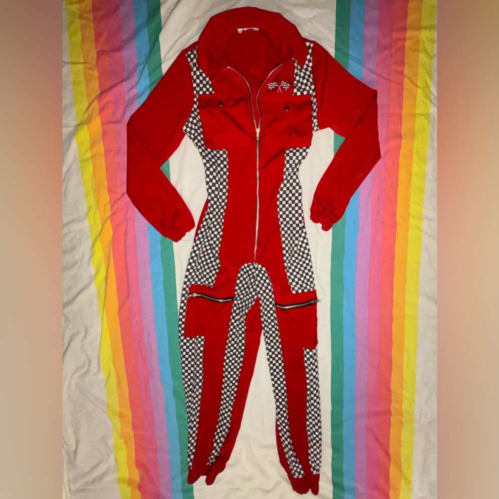 Red Checkered Racing Jumpsuit with Zipper